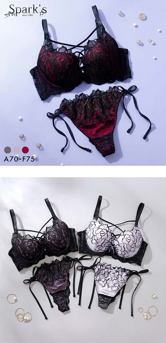 スパークス ノワールローズ ブラジャー Tバックショーツ セット サイドリボン 脇高 谷間 ABCDEF バックレース 紐パン SPARKS