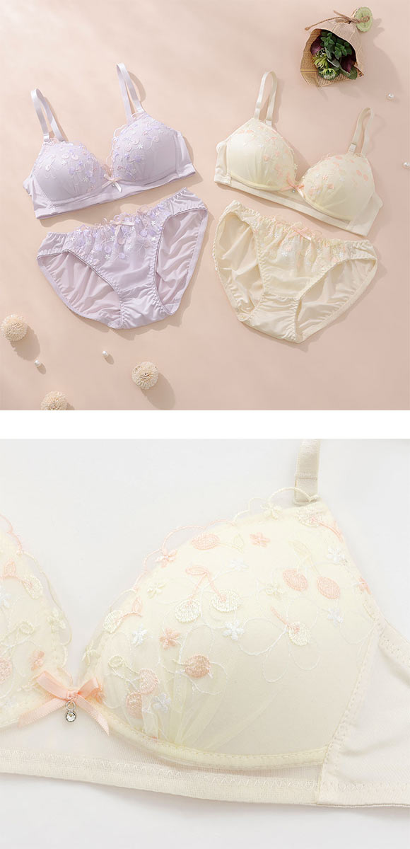 プチマリー ガーリーチェリーレース ノンワイヤー ブラセット ブラジャー ショーツ セット petit marie WHITE