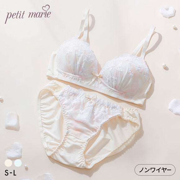 プチマリー 水彩プリントレース ノンワイヤー ブラセット ブラジャー ショーツ セット petit marie WHITE