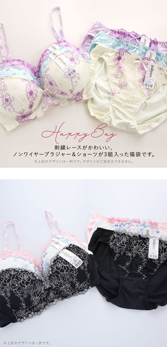 パリーゼ Palissee 福袋 ノンワイヤー ブラジャー ショーツ セット 3点セット おまかせ 刺繍レース M L LL