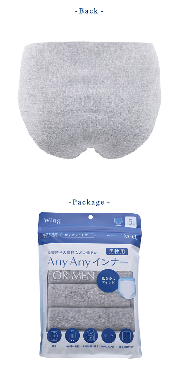 ワコール ウイング AnyAnyインナー メンズパンツ 5枚セット 使いきりインナー ブリーフ 前閉じ 災害時や入院時に便利 Wacoal Wing