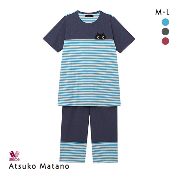 ワコール Wacoal マタノ アツコ ATSUKO MATANO ネコ ボーダー パジャマ ML 綿100％ ナイティ パジャマ 上下セット