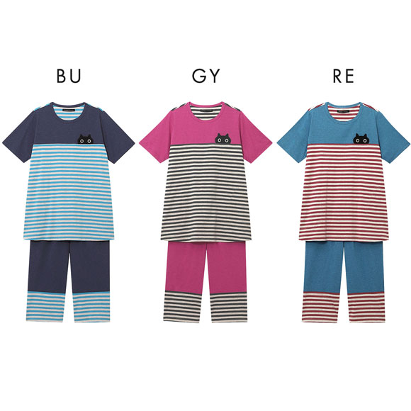 ワコール Wacoal マタノ アツコ ATSUKO MATANO ネコ ボーダー パジャマ ML 綿100％ ナイティ パジャマ 上下セット