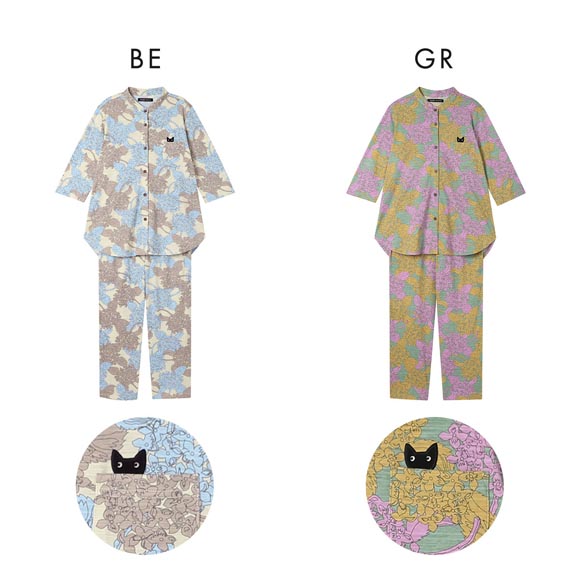 ワコール マタノアツコ シャツパジャマ 紫陽花 ねこ 7分袖ロング丈 上下セット ルームウェア 綿100％ Wacoal ATSUKO MATANO