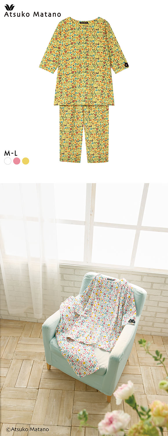 ワコール マタノアツコ パジャマ 7分袖8分丈パンツ 上下セット ルームウェア ねこ 綿100％ Wacoal ATSUKO MATANO