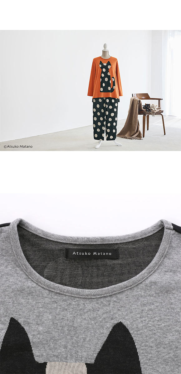 ワコール マタノアツコ 猫とドット 長袖 パジャマ 上下セット ルームウェア 綿100％ Wacoal ATSUKO MATANO