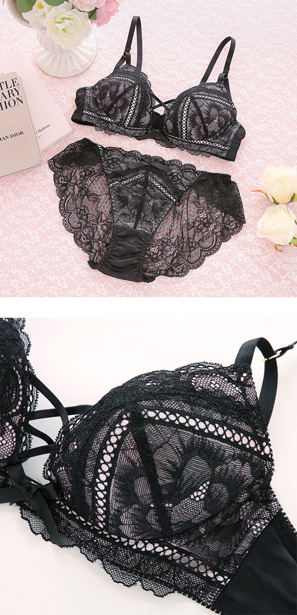 ココランジェ スモーキーレースアップ ブラジャー ショーツ セット 総レース バックレース 谷間 大きいサイズ
