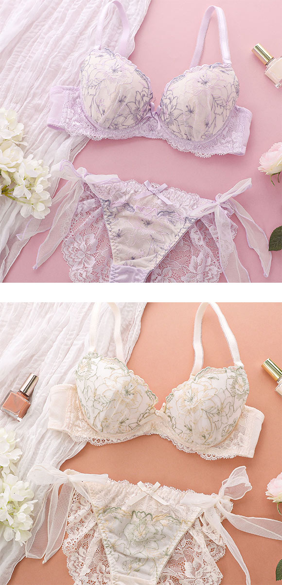 ココランジェ COCO Linge フラワリーステッチレース ブラジャー サイドリボン ショーツ セット 総レース SHIROHATO別注 バックレース