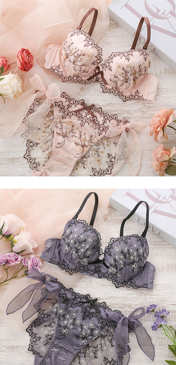 ココランジェ セレーナブーケ やわらかカップ ブラジャー ショーツ セット SHIROHATO別注 ソフトワイヤー サイドリボン バックレース 紐パン COCO Linge