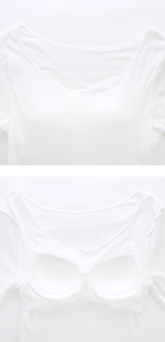 素肌にやさしくフィット 綿100％ ブラトップ カップ付き 長袖インナー 8分袖トップス M L LL ロンT ロングTシャツ 敏感肌 肌着