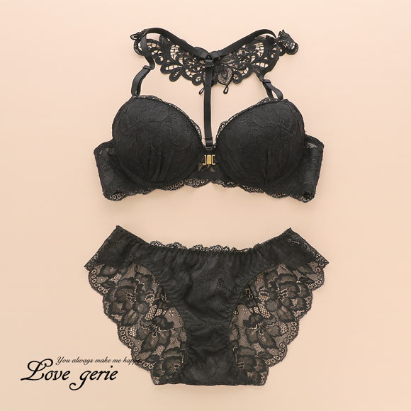 ラブジェリー 背中魅せ バタフライケミカル フロントホック ブラセット ABCD  盛り胸 Wパッド ブラジャー ショーツ セット