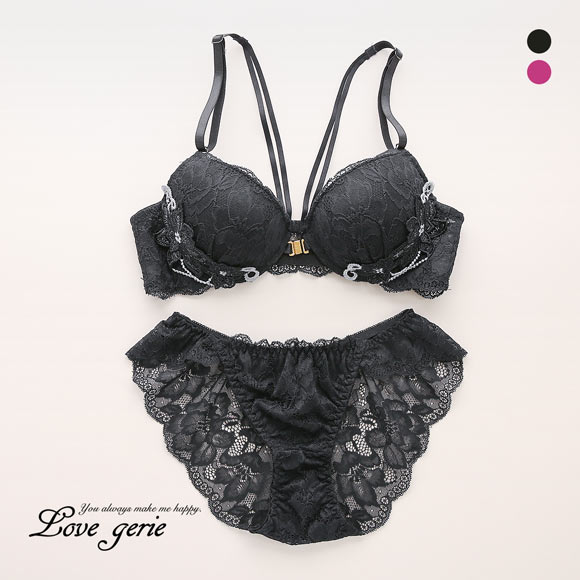 ラブジェリー 背中魅せ ジュエルフラワー フロントホック ブラセット EF 大きいサイズ 盛り胸 Wパッド 谷間ブラ Love gerie