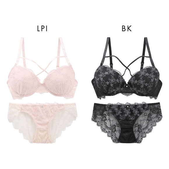 ラブジェリー フラワーバタフライ ブラセット ABCD 盛り胸 Wパッド 谷間ブラ バストアップ ブラジャー ショーツ セット バックレース
