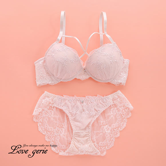 ラブジェリー フラワーバタフライ ブラセット EF 大きいサイズ バックレース 総レース 盛り胸 Wパッド バストアップ ブラジャー ショーツ セット