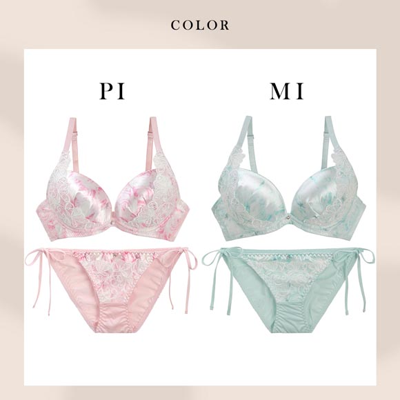 ラブジェリー フラワーサテン ブラセット ABCD 盛り胸 Wパッド 谷間ブラ バストアップ L字 脇寄せ サイドリボン ブラジャー ショーツ セット