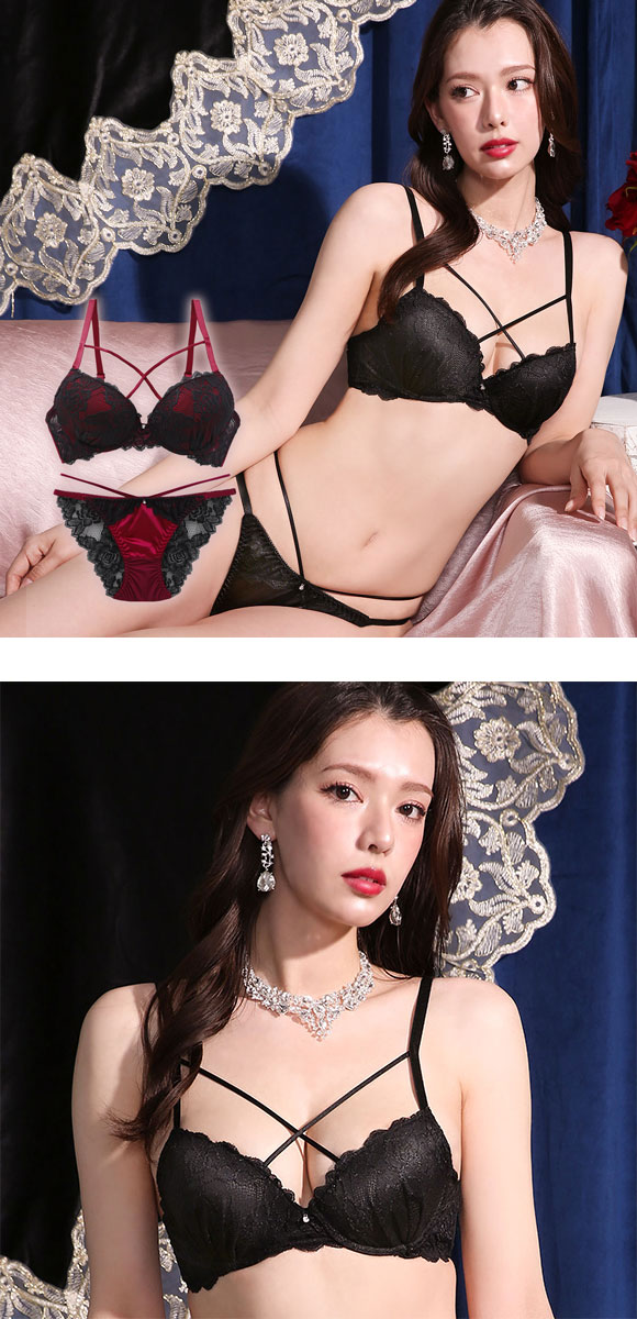 ラブジェリー アギシャンノワール ブラセット EF 大きいサイズ グラマー 盛り胸 Wパッド 谷間ブラ バストアップ 総レース バックレース ブラジャー ショーツ