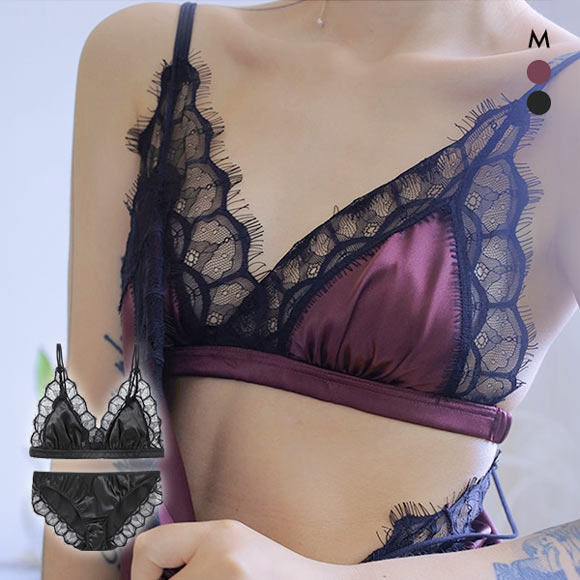 シークレットスタイル Secret Style サテンランジェリー ノンパテッド ブラセット ノンワイヤーブラ ショーツ セット ブラレット