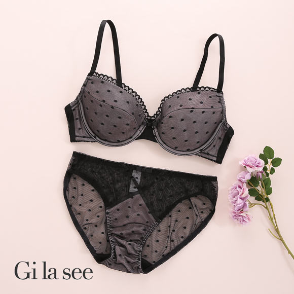 ギャラシー 美乳ブラ サテン×ポルカドット フレンチシック ブラセット ABCDEF ブラジャー ショーツ セット 総レース 透け Gilasee