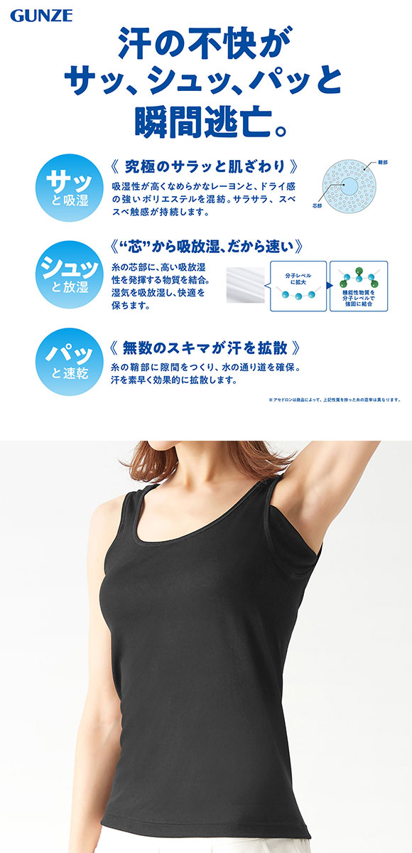 グンゼ GUNZE アセドロン 汗取り付き タンクトップ インナー レディース