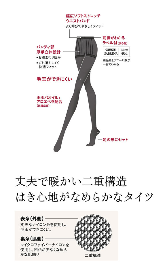 グンゼ SABRINA ウォーム 40デニール タイツ レディース 消臭 毛玉できにくい 静電気防止 GUNZE サブリナ