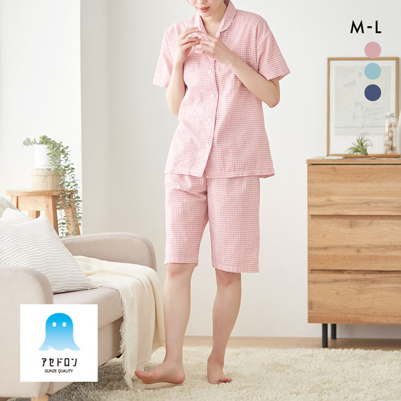 グンゼ アセドロン チェック柄 パジャマ 半袖シャツ・5分丈パンツセット レディース ナイティ ルームウェア GUNZE