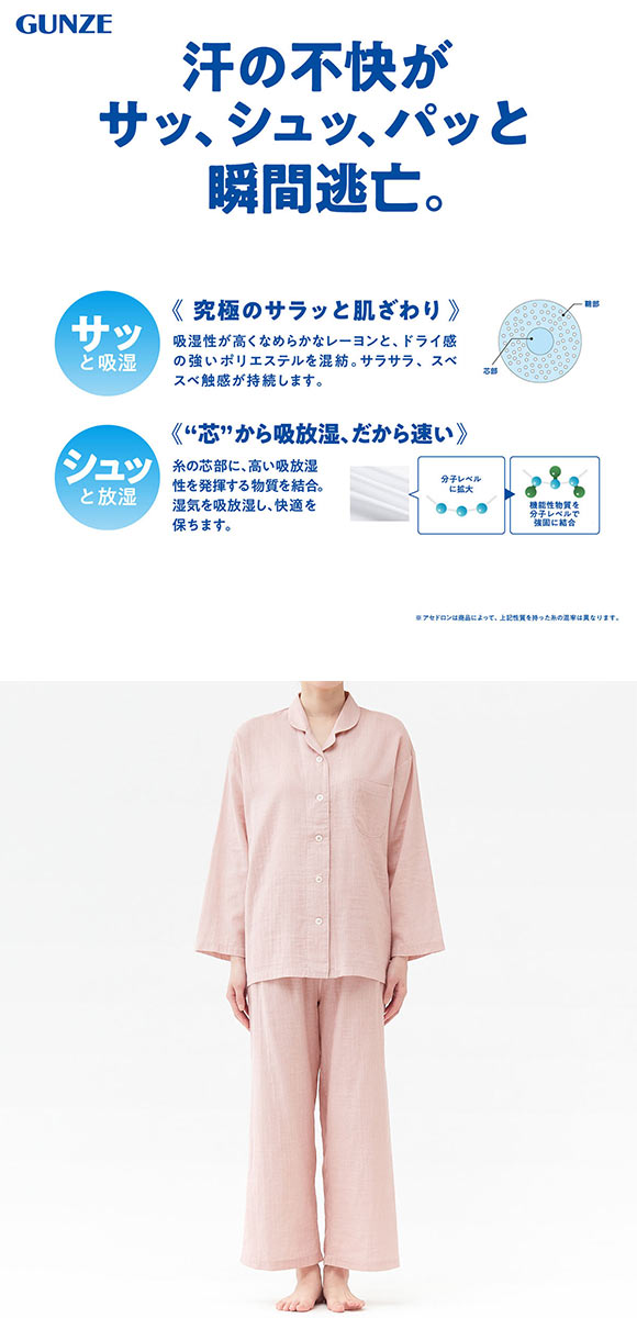 グンゼ アセドロン ガーゼパジャマ テーラータイプ 長袖長パンツセット レディース パジャマ GUNZE