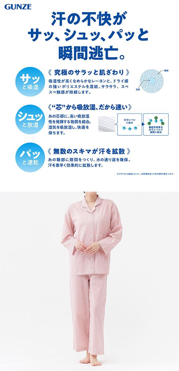 グンゼ アセドロン チェック柄 パジャマ 長袖・長パンツセット レディース ルームウェア GUNZE