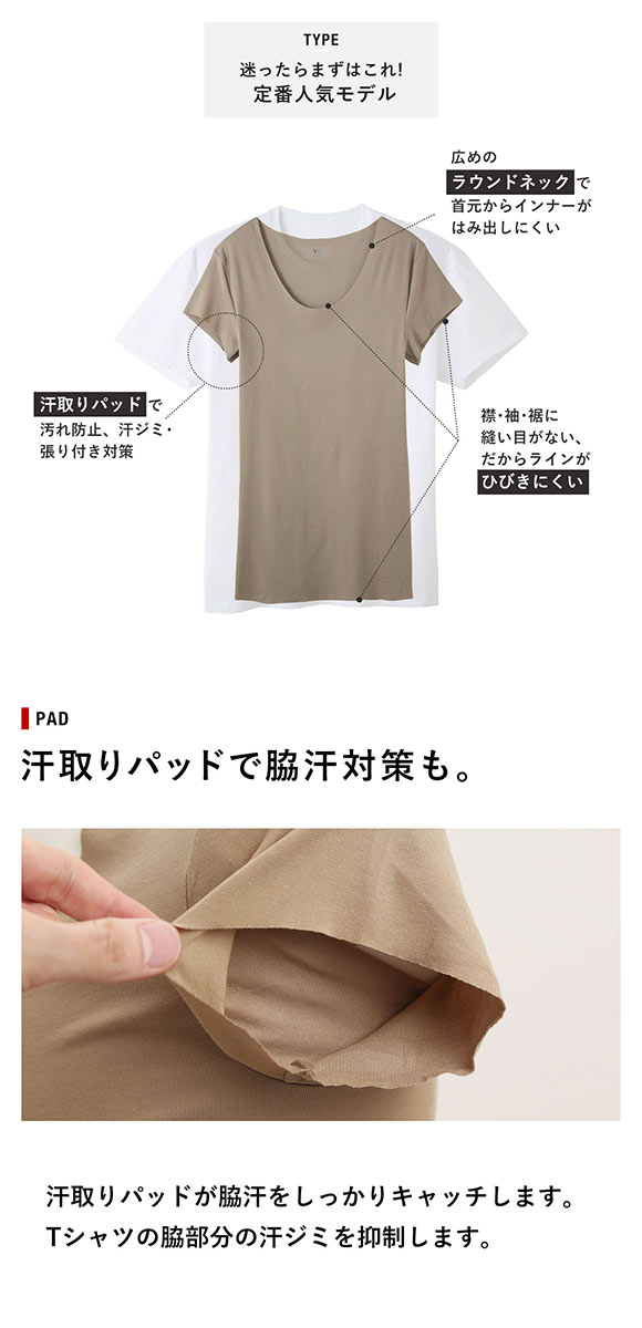 グンゼ GUNZE ワイジー YG カットオフ インティー in.T クルーネック 半袖 Tシャツ インナー 脇汗 汗取りパッド付き メンズ