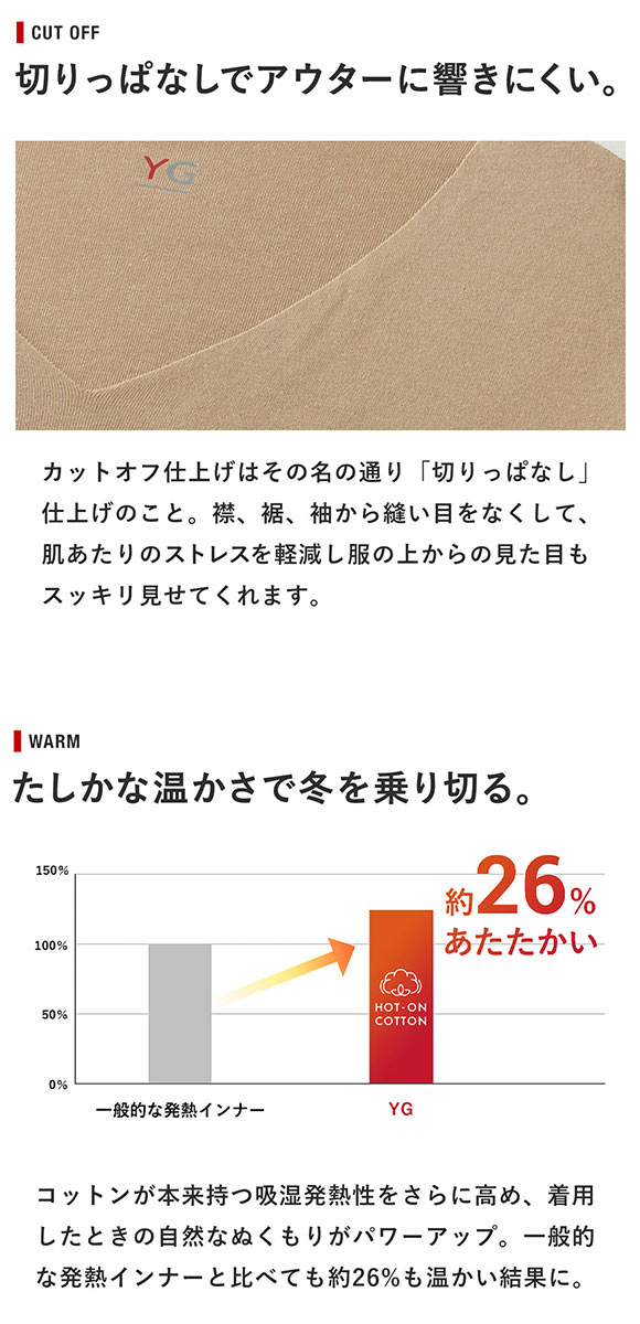 グンゼ GUNZE ワイジー YG HOT-ON COTTON ホットオンコットン 9分袖 シャツ インナー 長袖 カットオフ Vネック YV7109