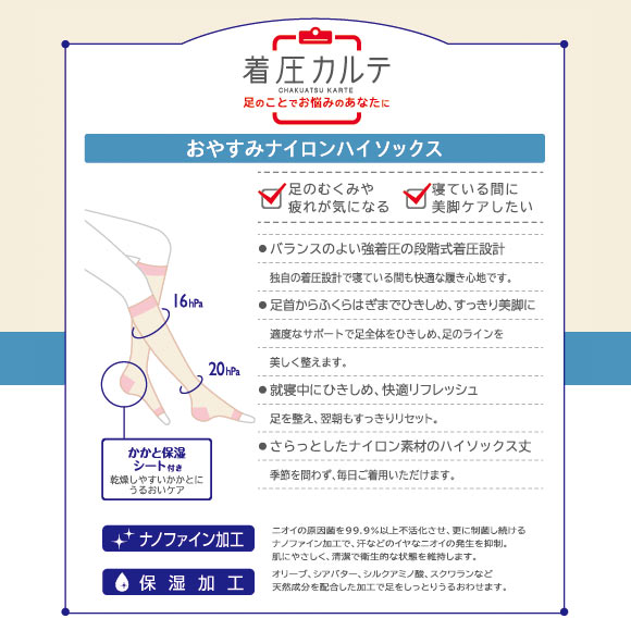着圧カルテ おやすみナイロンハイソックス 靴下 着圧 オープントゥ 保湿 日本製
