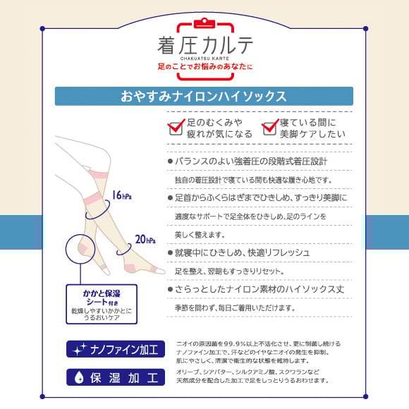 着圧カルテ おやすみナイロンハイソックス 靴下 着圧 オープントゥ 保湿 日本製