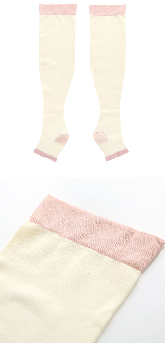 着圧カルテ おやすみナイロンオーバーニー 靴下 着圧 オープントゥ 保湿 日本製