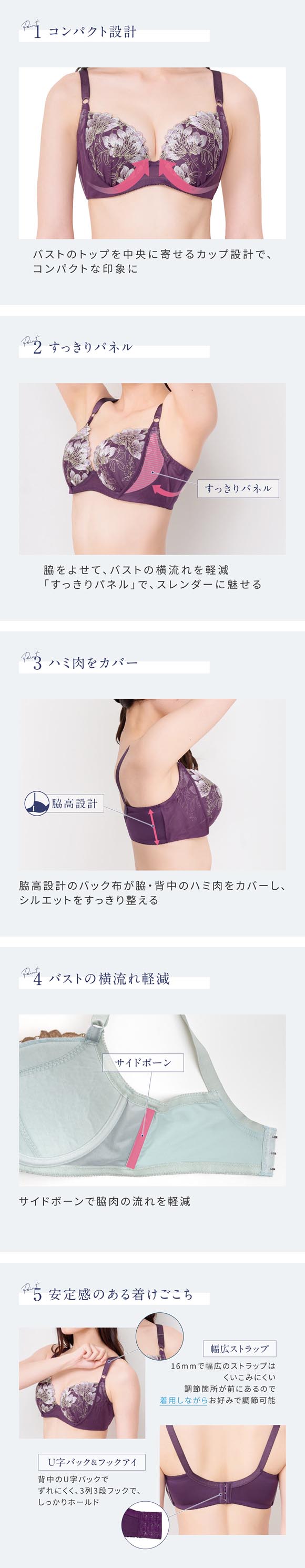ルシアン 大きめバスト専用 コンパクト設計 4/5カップ ブラジャー EFG 脇高 脇肉 大きいサイズ グラマー 下着 LECIEN