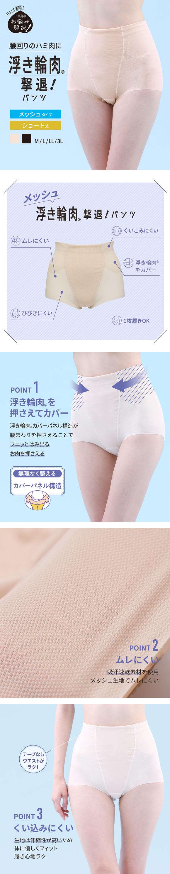 ルシアン はいて実感 下半身のお悩み解決 浮き輪肉撃退 パンツ メッシュ 吸汗速乾 ガードル ショート丈 M･L･LL･3L 補正下着 LECIEN