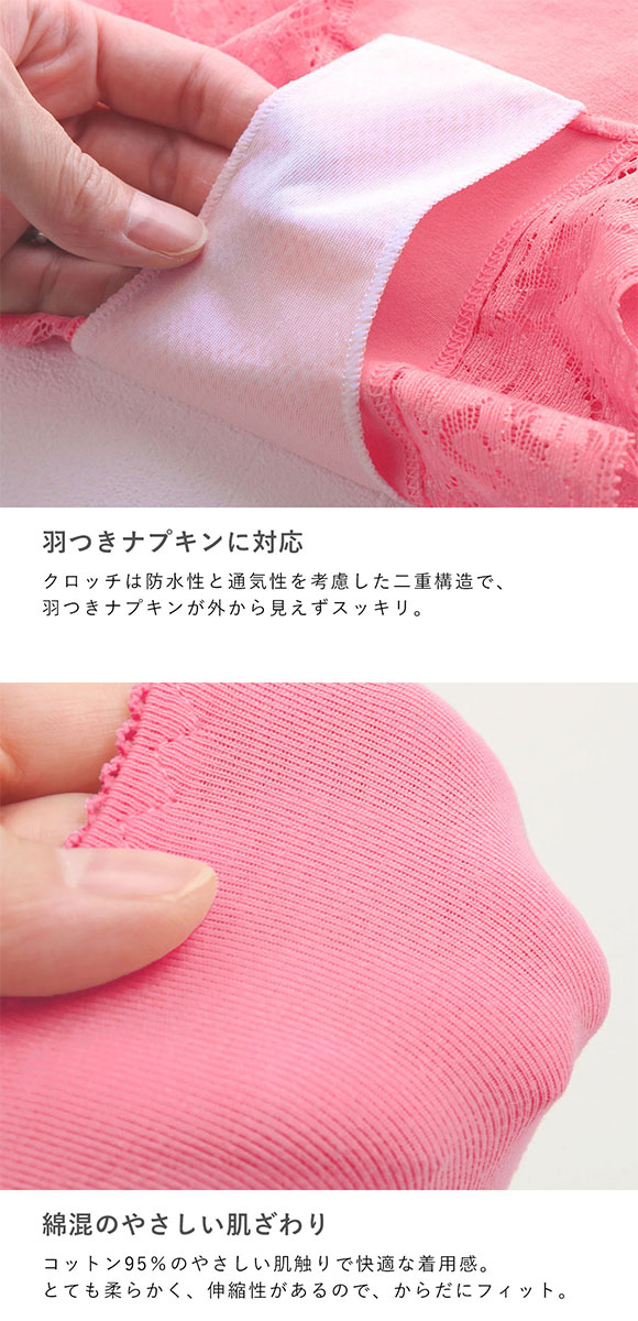 サニタリーショーツ 羽つきナプキン対応 綿混 生理用 シンプル レース 単品