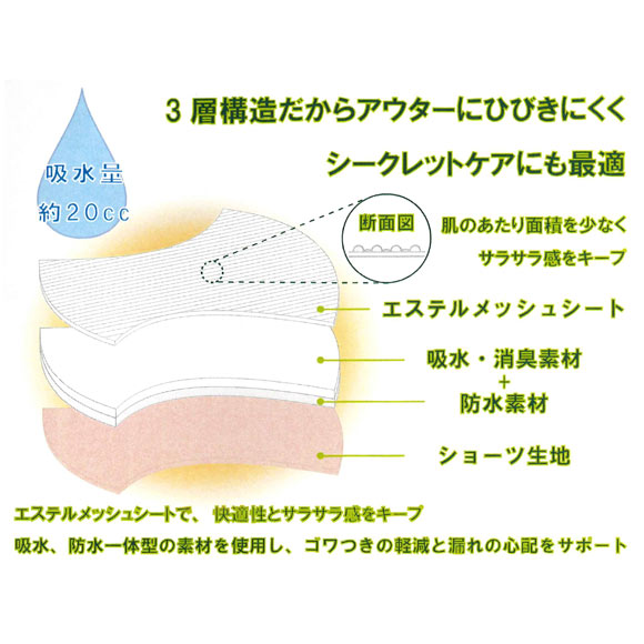 吸水スパンショーツ 吸水ショーツ 日本製 綿混 お腹すっぽりFit 軽失禁 消臭 レディース 単品