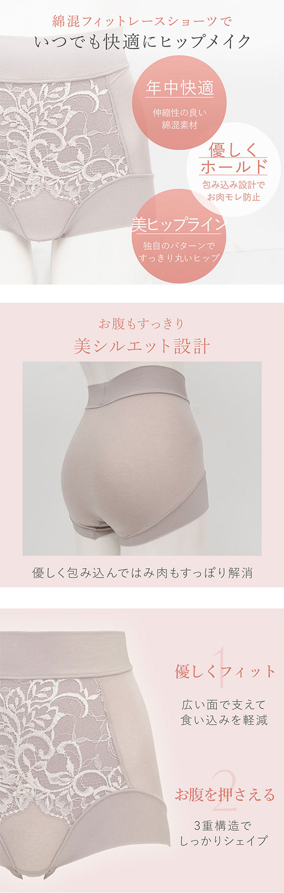 ブラデリス 美尻補正 綿混フィットレースショーツ S-5L サポート おしりすっぽり 吸汗 消臭 BRADELIS NY PEACE