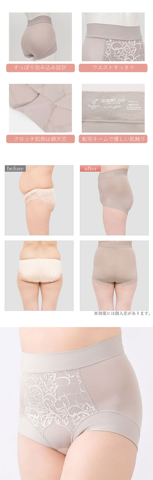 ブラデリス 美尻補正 綿混フィットレースショーツ S-5L サポート おしりすっぽり 吸汗 消臭 BRADELIS NY PEACE