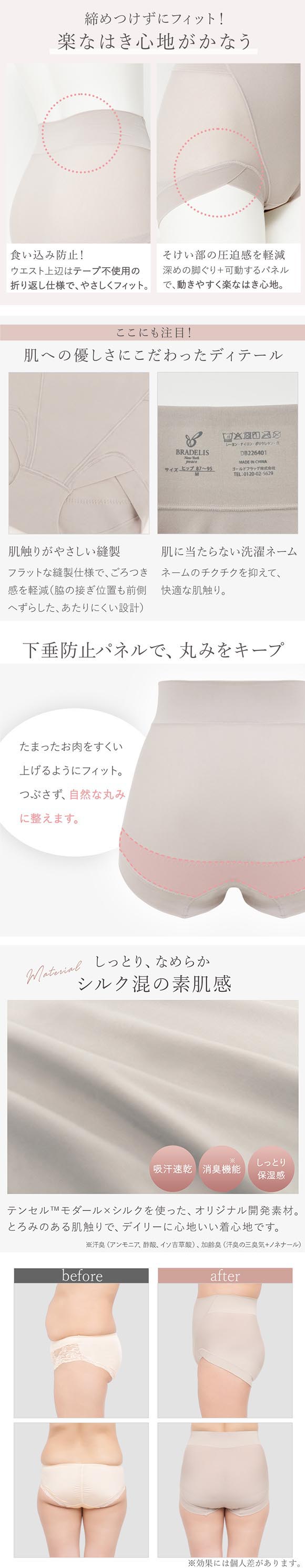 ブラデリス シルク混 素肌しっとりデイリーショーツ レディース S-5L 補整 美尻 ハミ肉 ハイウエスト設計 BRADELIS NY PEACE