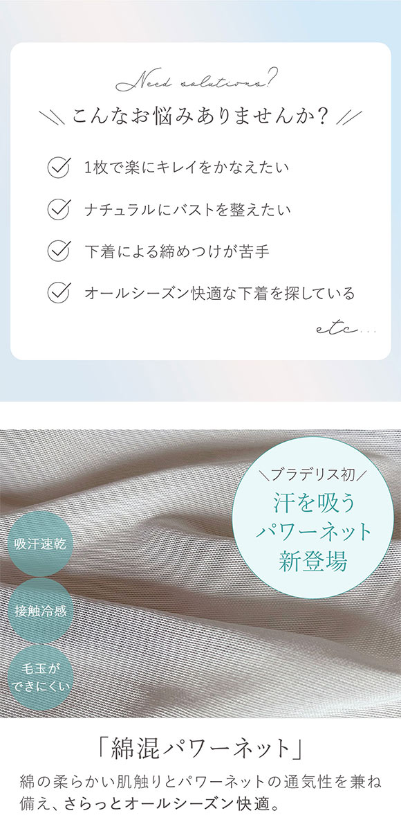 ブラデリス 綿さらタッチ ナチュラルフィットブラキャミ ブラトップ 吸汗速乾 綿混 接触冷感 メッシュ 脇肉 脇高 S-5L BRADELIS