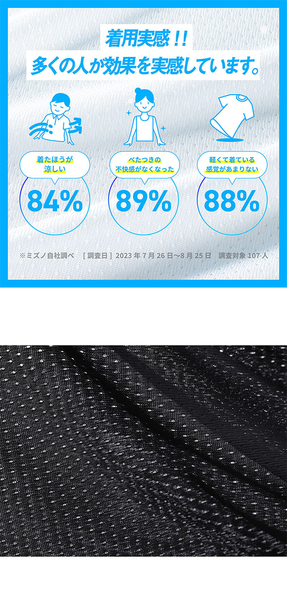 ミズノ MIZUNO カルエアー Vネック 半袖 メッシュ インナーシャツ メンズ ドライエアロフロー搭載 吸汗速乾 汗対策 Tシャツ