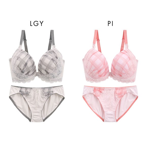 パンキュート 脇肉を谷間に変える脇高ブラ チェック柄チュールレース ブラセット CDEF80-95 脇寄せ 大きいサイズ グラマー 谷間 ブラジャー