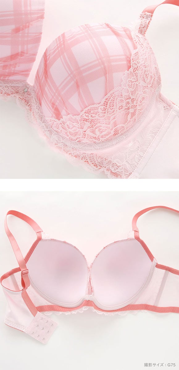 パンキュート 脇肉を谷間に変える脇高ブラ チェック柄チュールレース ブラセット GHI65-95 脇寄せ 大きいサイズ グラマー 脇高 谷間 ブラジャー