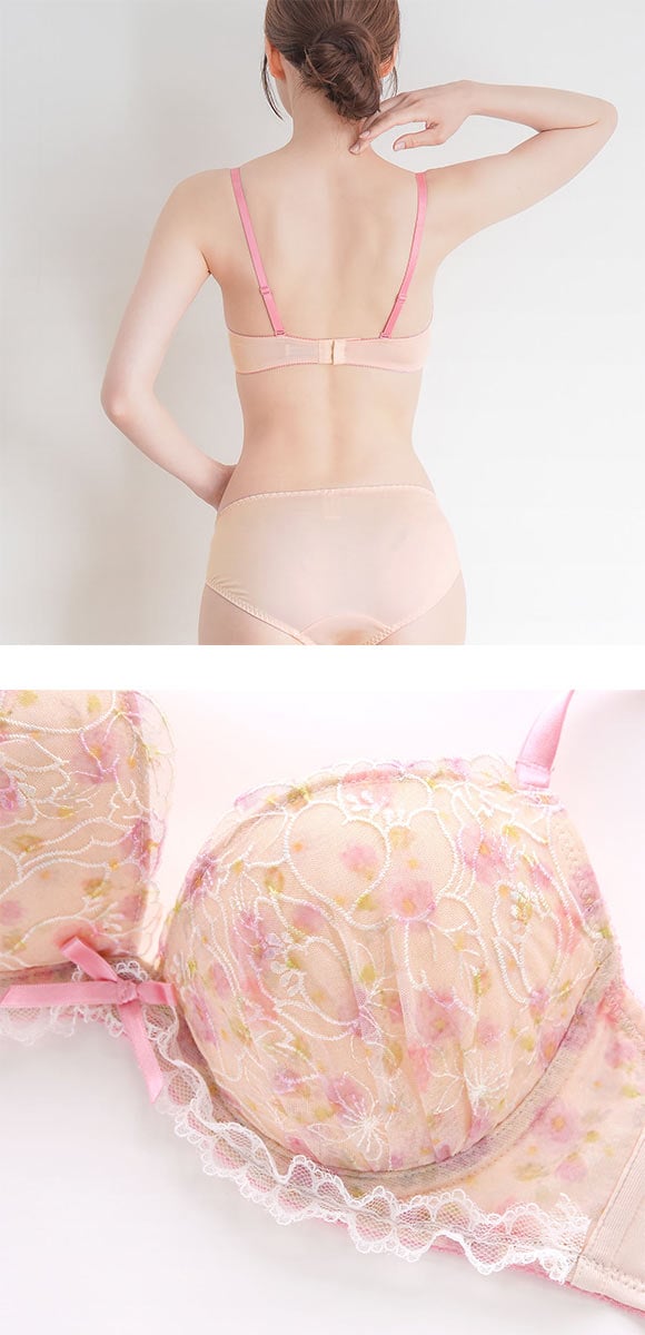 パンキュート フラワープリント刺繍レース ブラセット ABCDEF 大きいサイズ グラマー 脇寄せ 谷間 盛り L字 ブラセット ブラジャー ショーツ エレガント