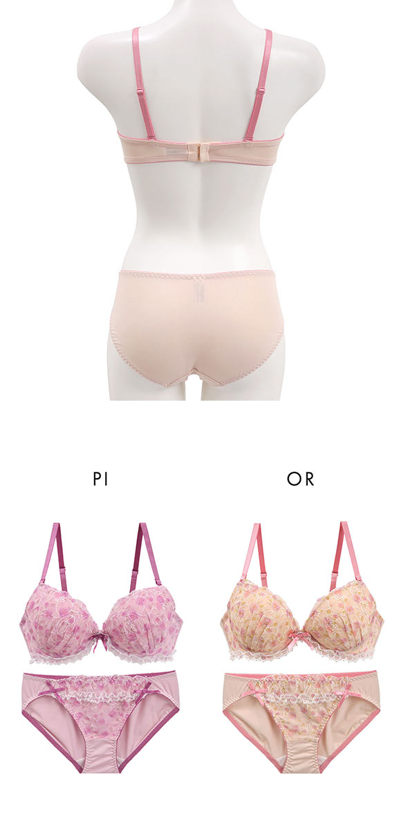 パンキュート フラワープリント刺繍レース ブラセット ABCDEF 大きいサイズ グラマー 脇寄せ 谷間 盛り L字 ブラセット ブラジャー ショーツ エレガント