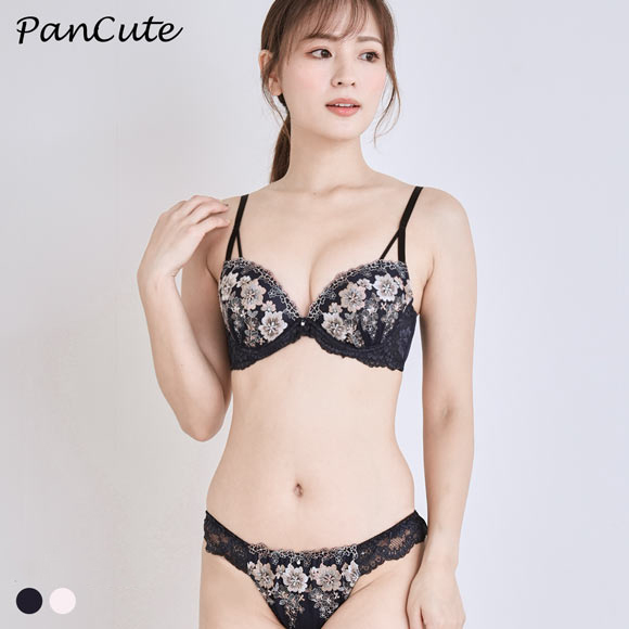 パンキュート 脇肉を谷間に変える脇高ブラ アンティークレース ブラセット ABCDEF 盛り胸 谷間 ブラジャー ショーツ セット Pan Cute