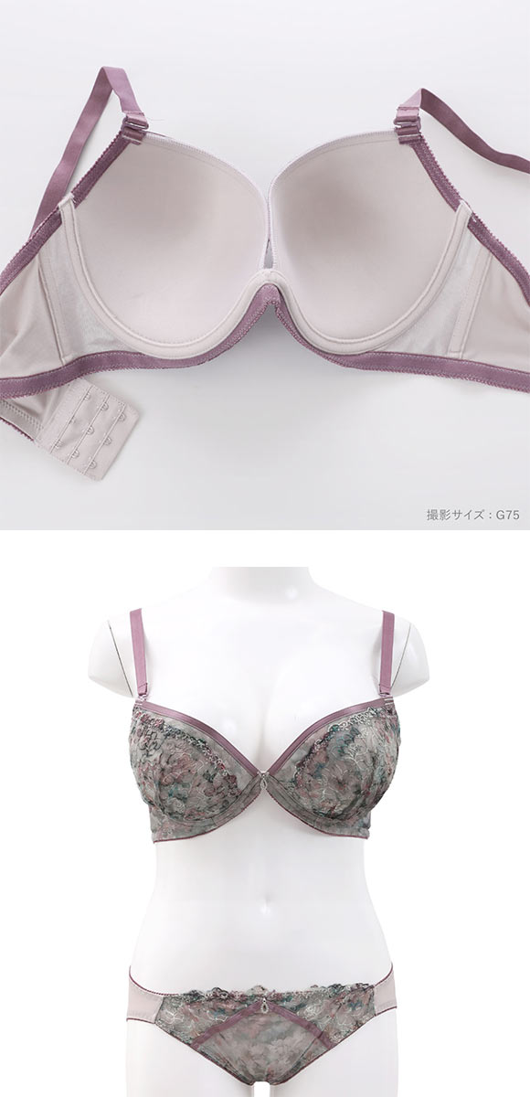 パンキュート らくちんソフトワイヤー フラワープリント刺繍 ブラセット CDEF80-95 グラマー アンダー大きいサイズ 脇肉 谷間 美胸 PanCute