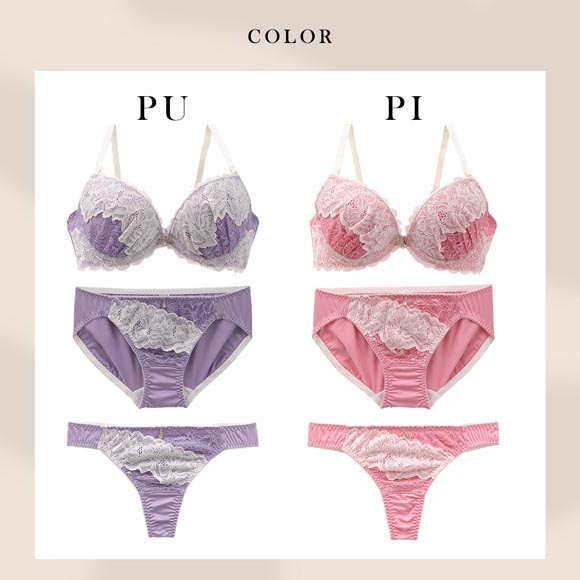 エレガント バイカラーレーシー ブラセット 3点セット Tバック GHI65-95 大きいサイズ グラマー 谷間 寄せ ブラジャー ショーツ セット Elegante