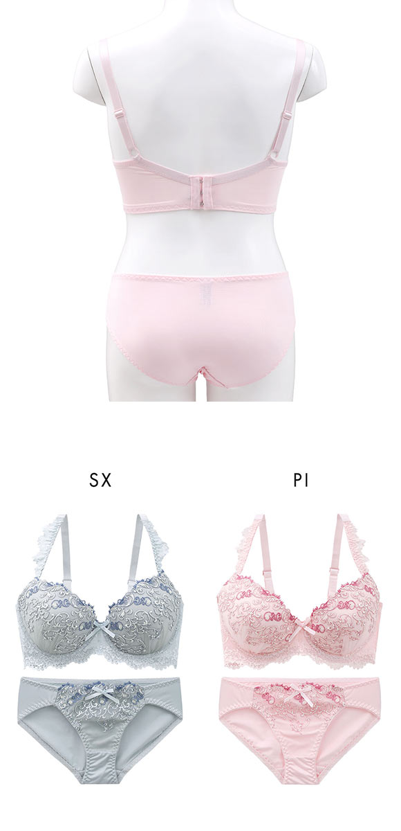 エレガント 脇肉を谷間に変える脇高ブラ アラベスク刺繍 ブラセット CDEF80-95 盛り胸 寄せ上げ ブラジャー ショーツ セット Elegante