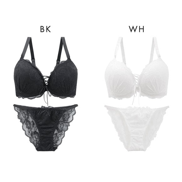 エレガント 脇肉を谷間に変える脇高ブラ レースアップデザイン ブラセット CDEF80-95 大きいサイズ ブラジャー ショーツ Elegante